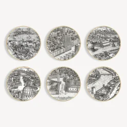 Decorative Plates<Fornasetti Set 6 Plates Citta D'Italia White/Black/Gold