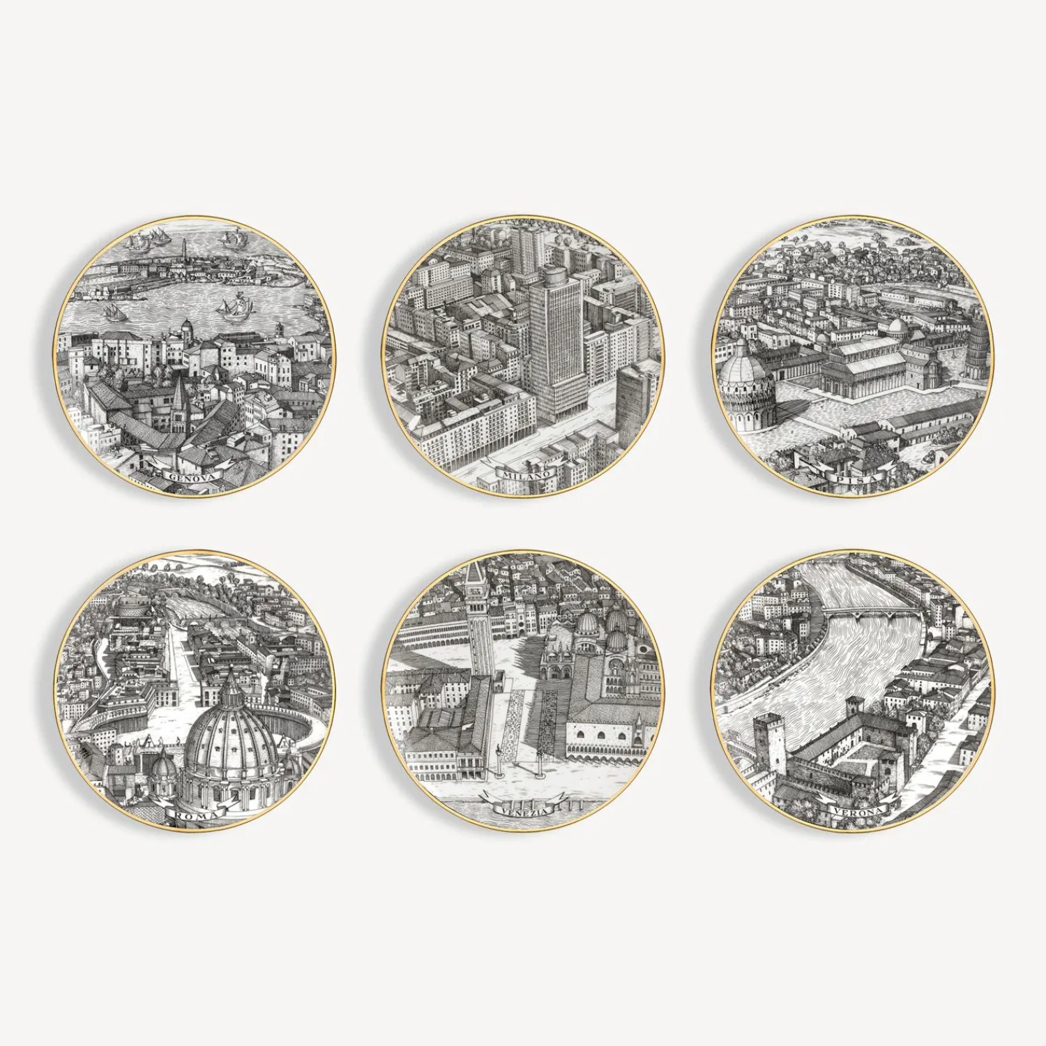 Decorative Plates<Fornasetti Set 6 Plates Citta D'Italia White/Black/Gold